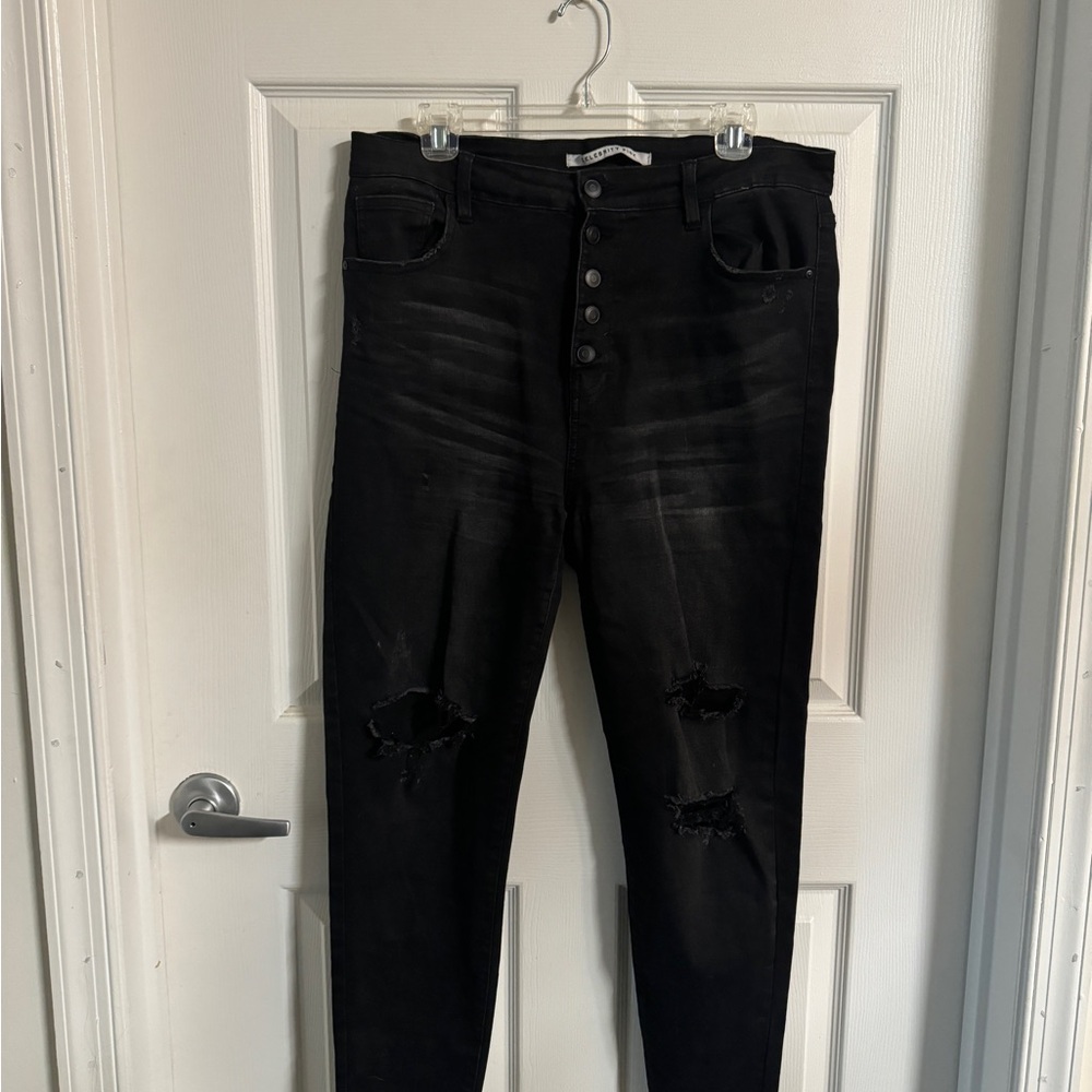 Celebrity Pink Black denim jeans, button fly, distressed, great condition